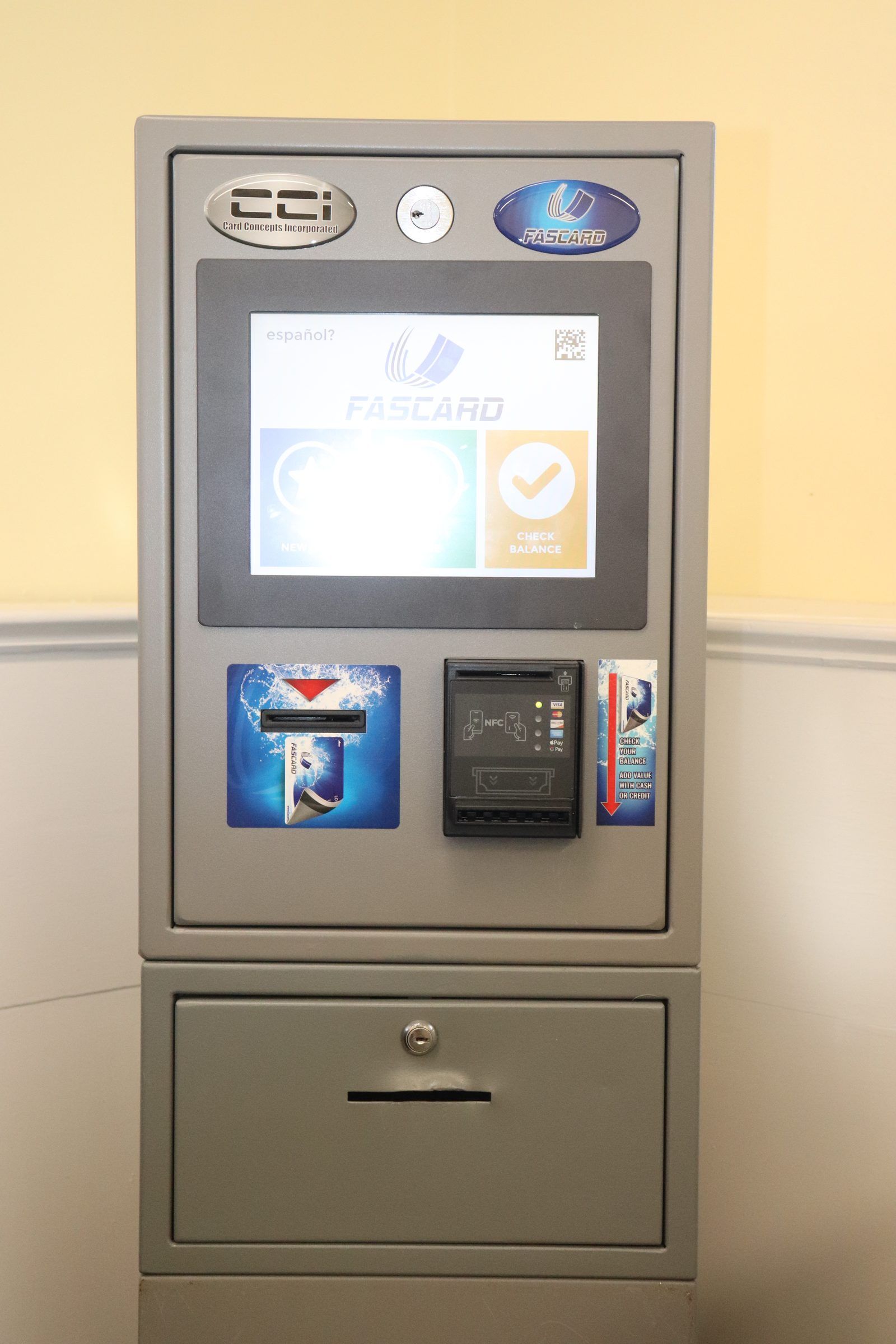 FasCard touchscreen kiosk — buy a card, load funds, check balance